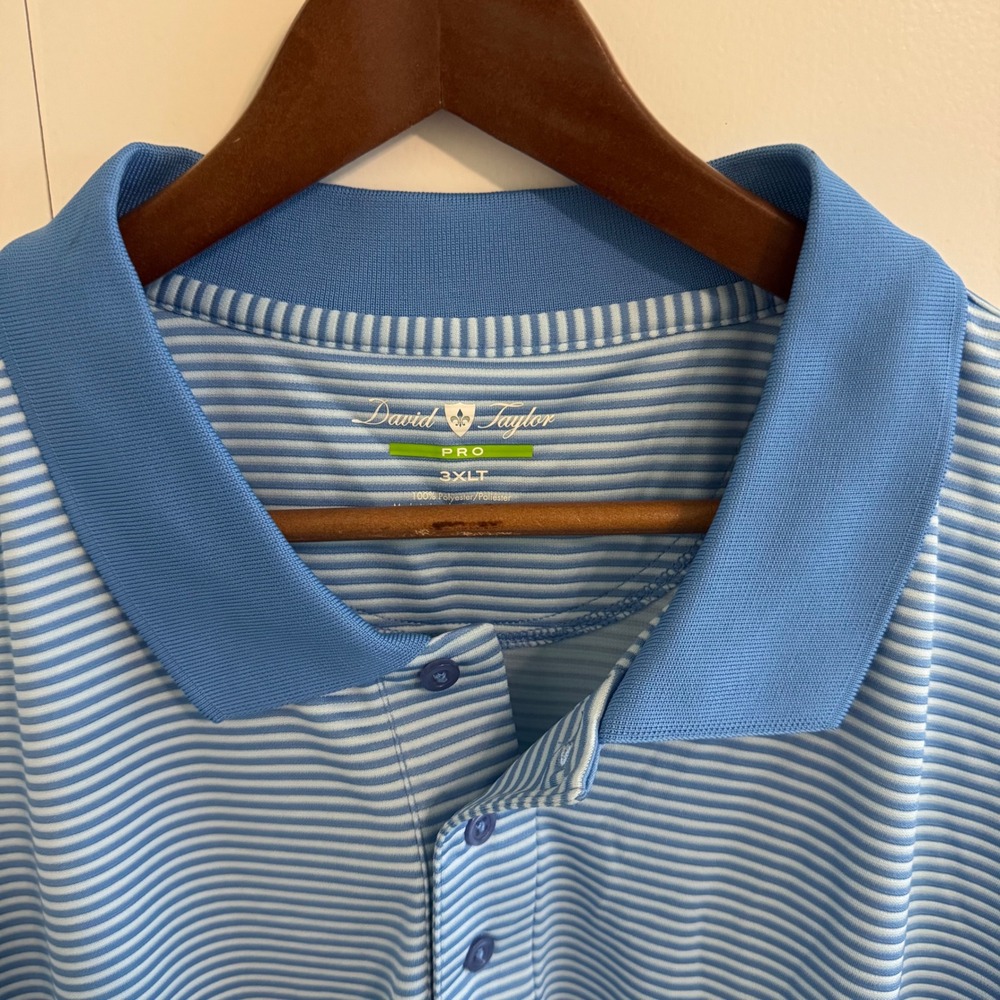 David Taylor Pro Mens Blue Striped Performance Polo Shirt 3XLT Big & Tall NWT